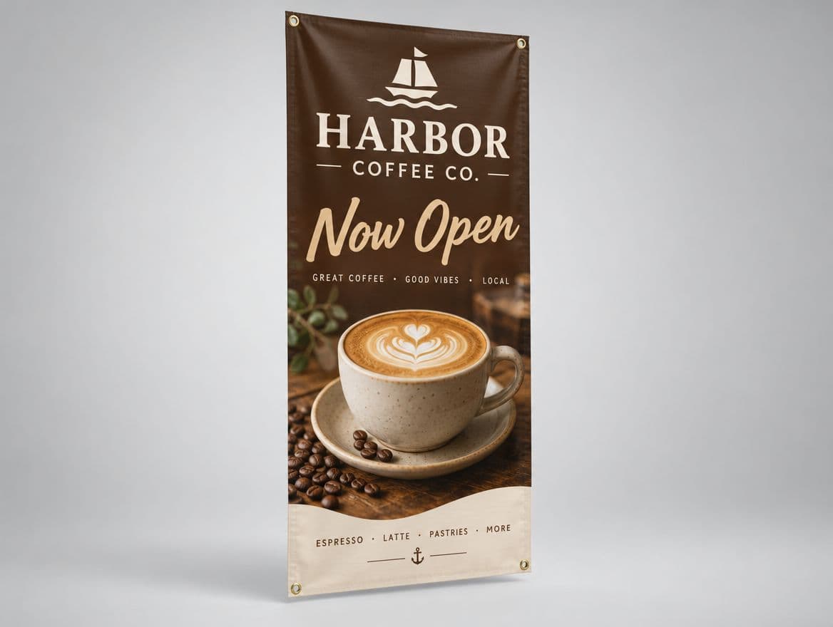 A vinyl banner for a coffee shop opening