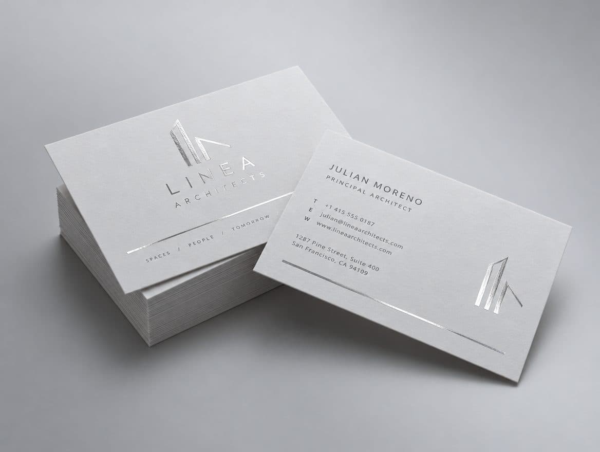 White business cards with silver foil for an architecture firm