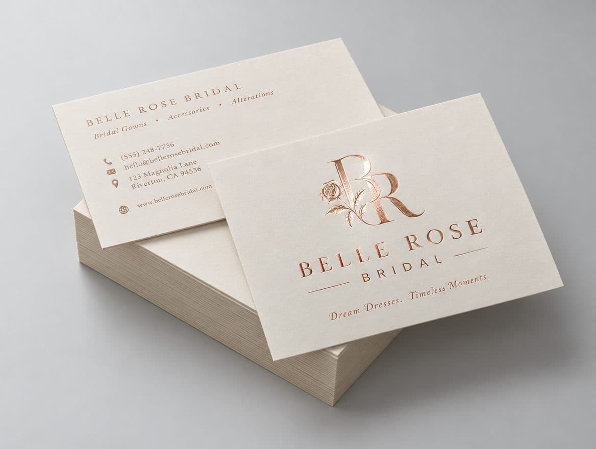 Ivory business cards with rose gold foil for a bridal boutique