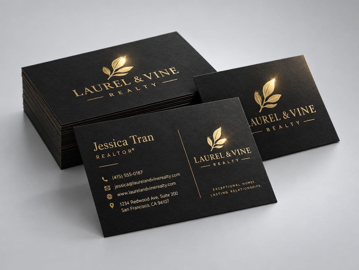 Black business cards with gold foil for a real estate brokerage