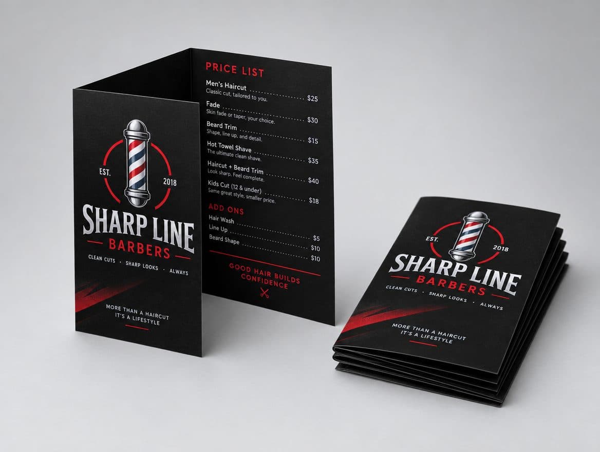 Fold over business cards with a price list for a barbershop