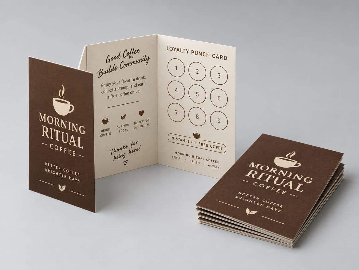 Fold over business cards for a coffee shop with a punch card inside