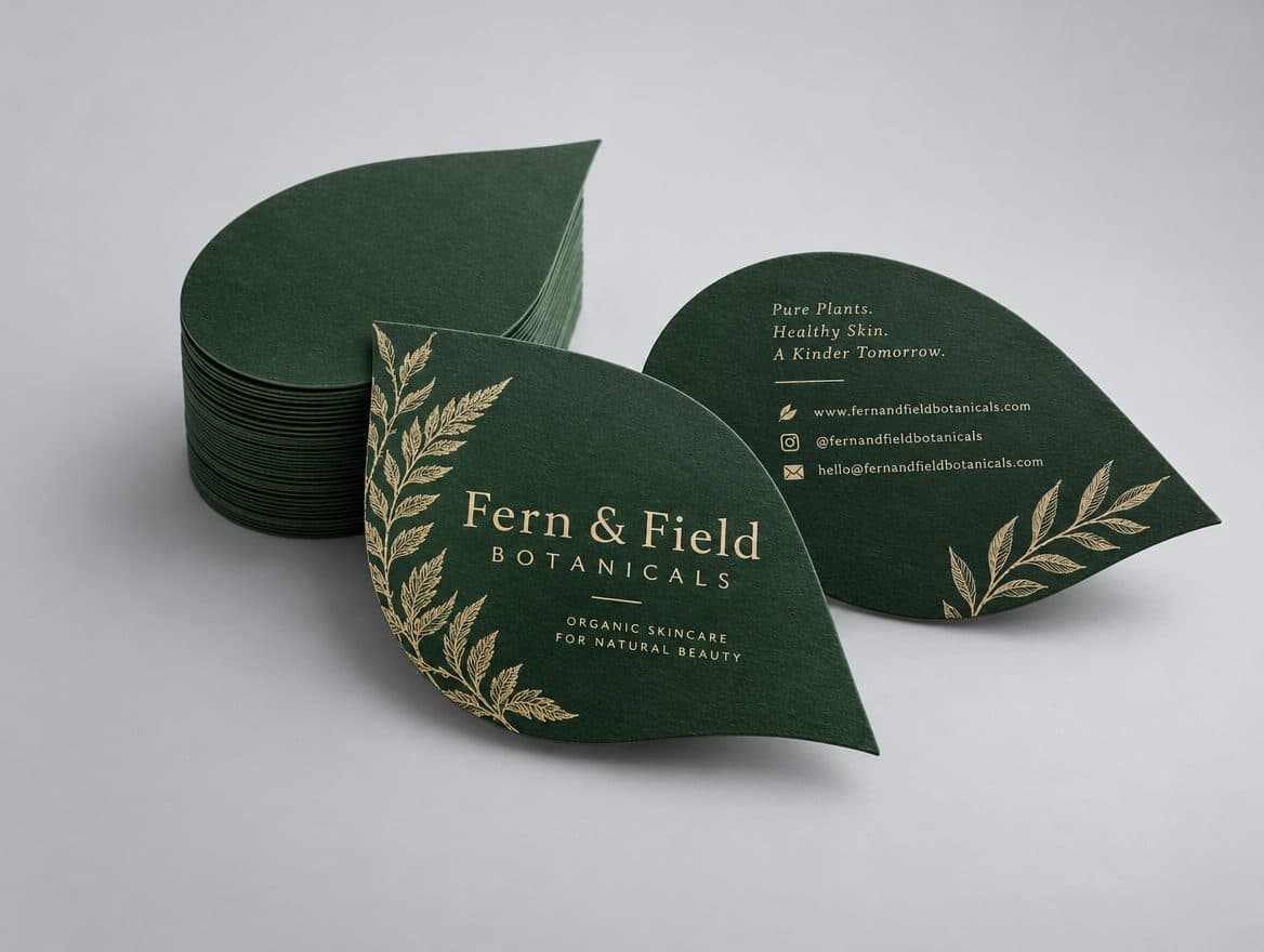 Leaf shaped business cards for a skincare brand