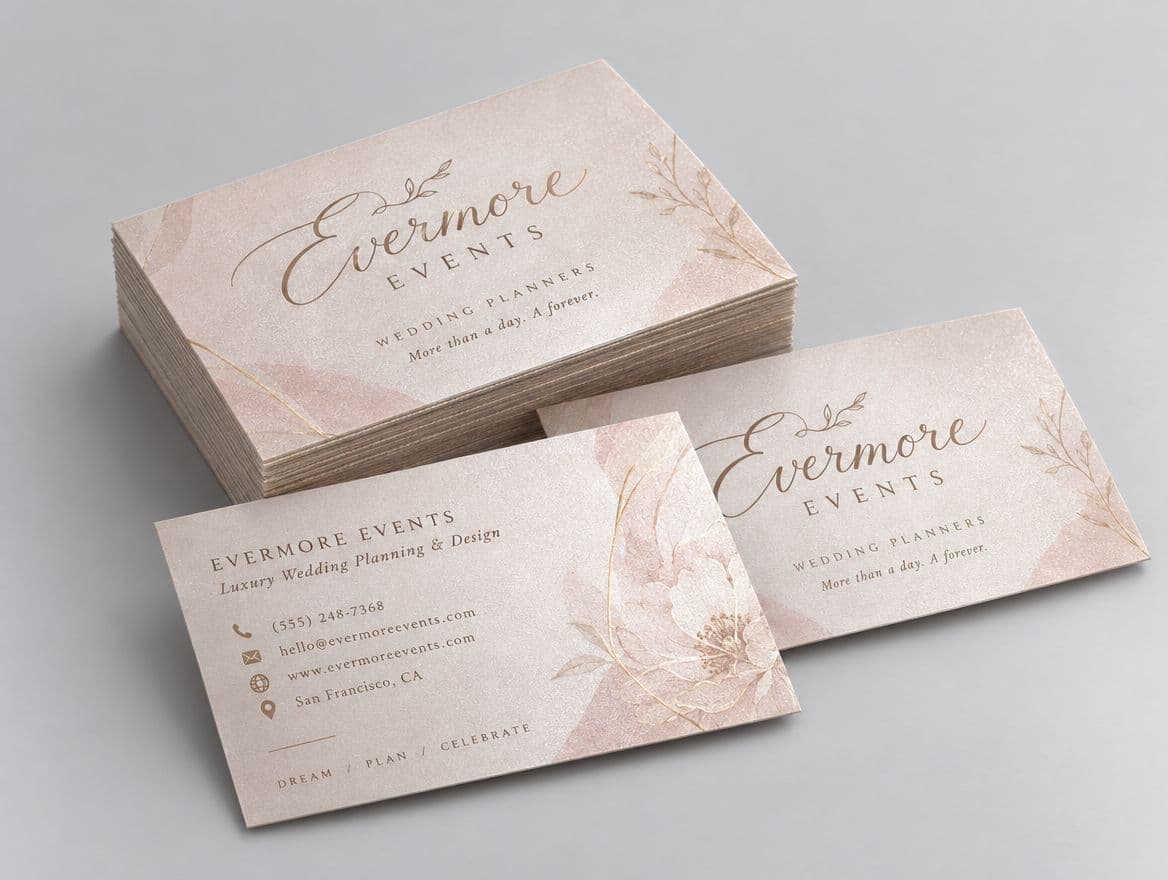 Pearl shimmer business cards for a wedding planner
