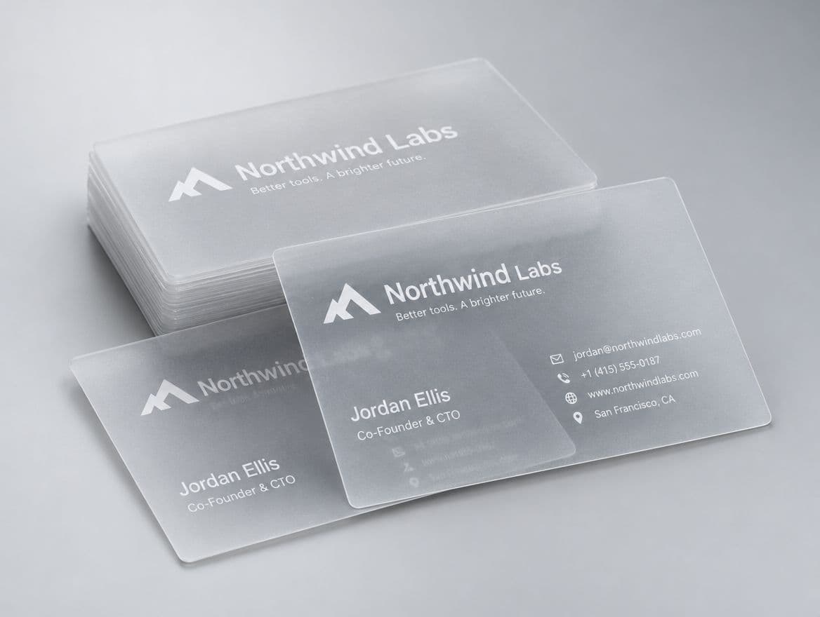 Frosted clear plastic business cards for a tech startup
