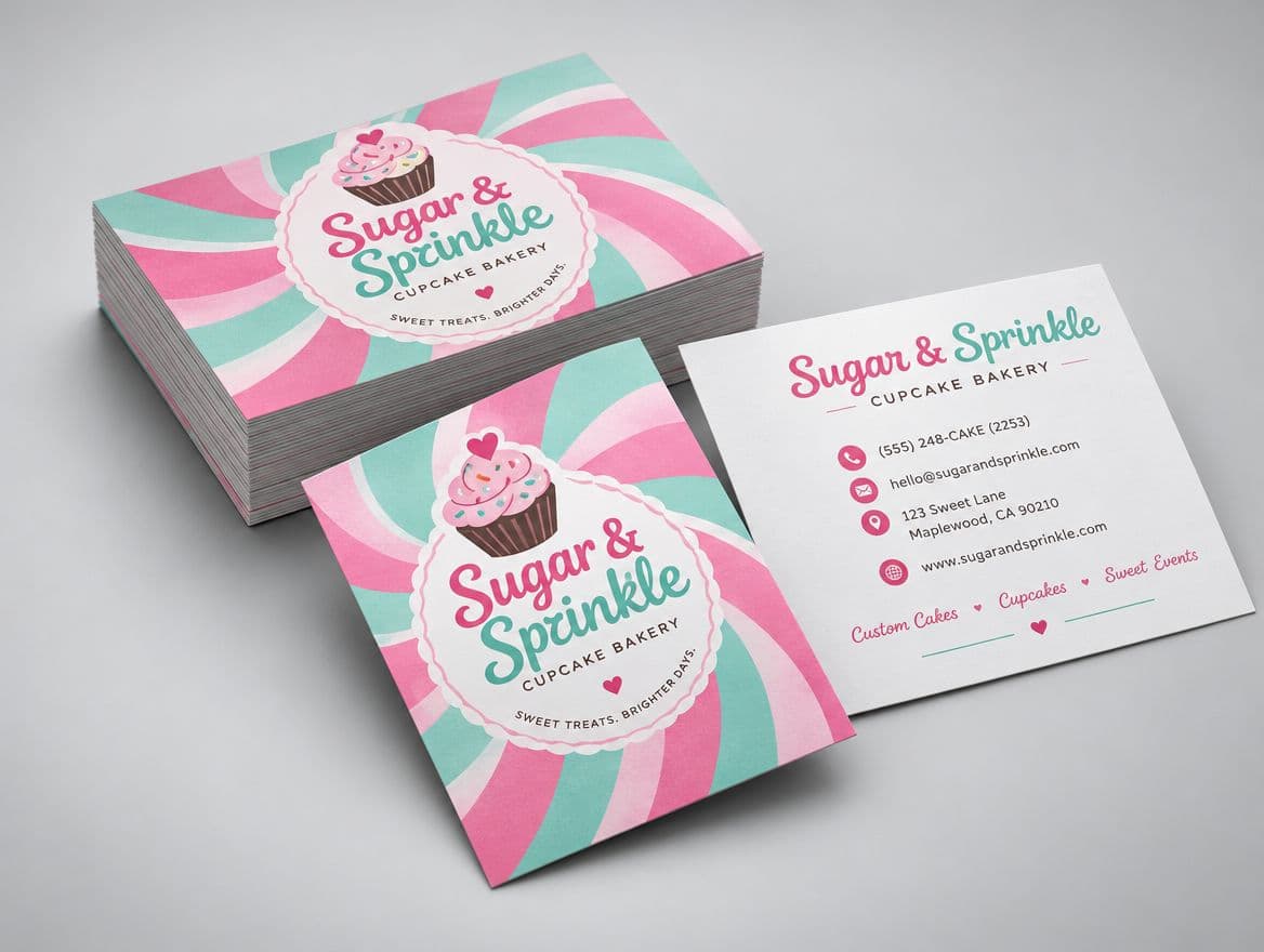 Silk laminated business cards for a cupcake bakery