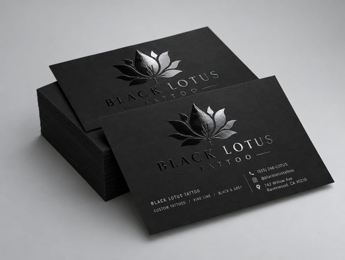 Matte black business cards with a spot UV logo for a tattoo studio