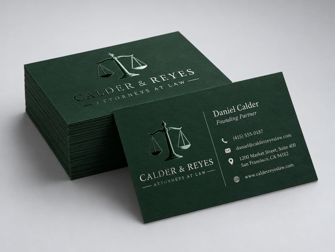 Green business cards with raised spot UV for a law firm