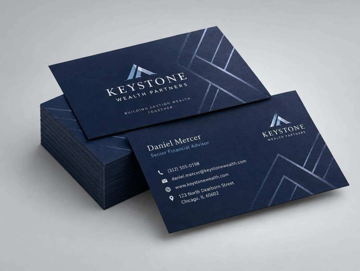 Navy business cards with a spot UV pattern for a financial advisor