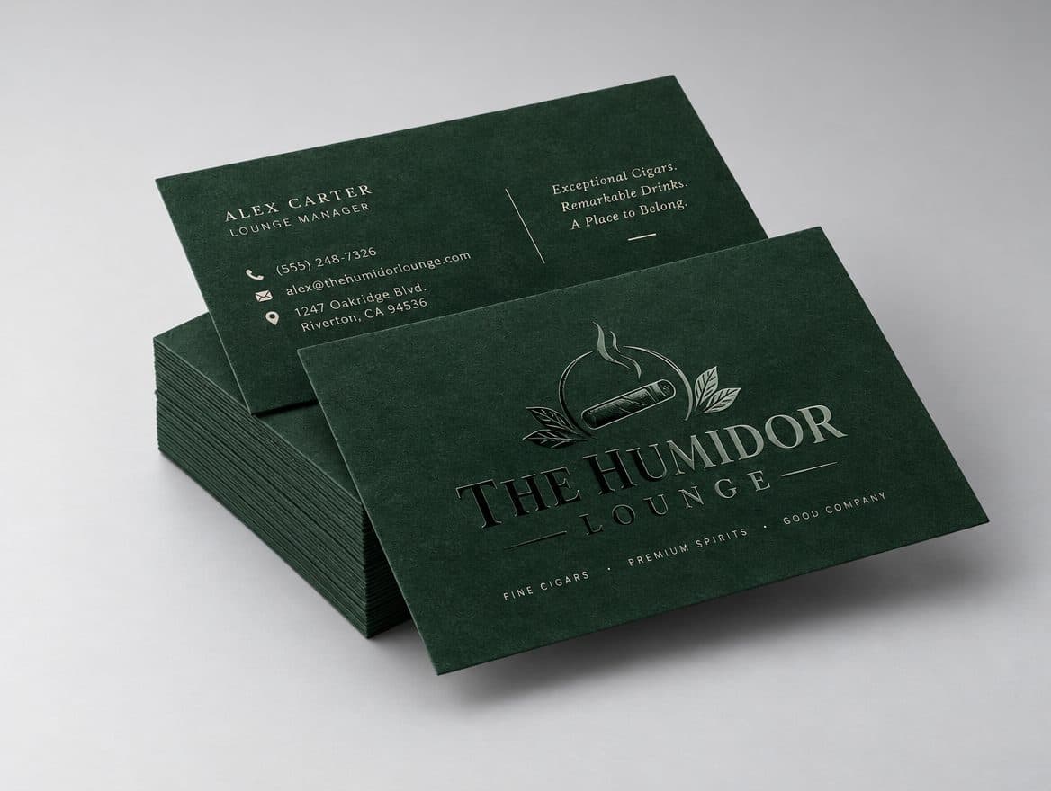 Green suede business cards for a cigar lounge