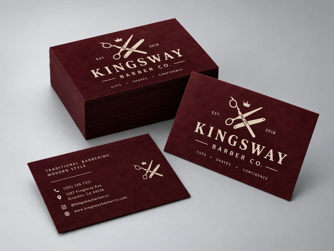 Burgundy suede business cards for a barbershop