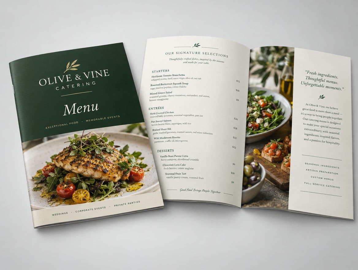 A saddle stitched catering menu booklet