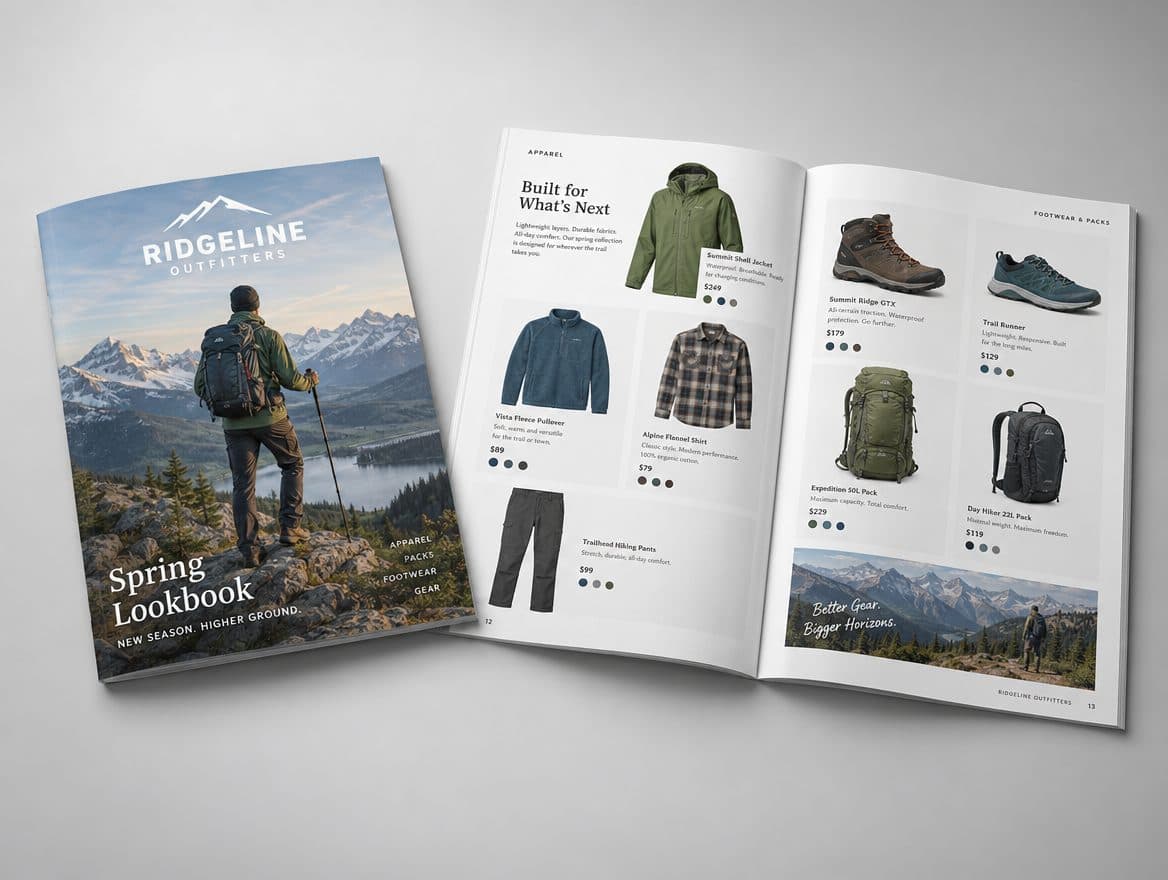 A saddle stitched product lookbook for an outdoor gear brand