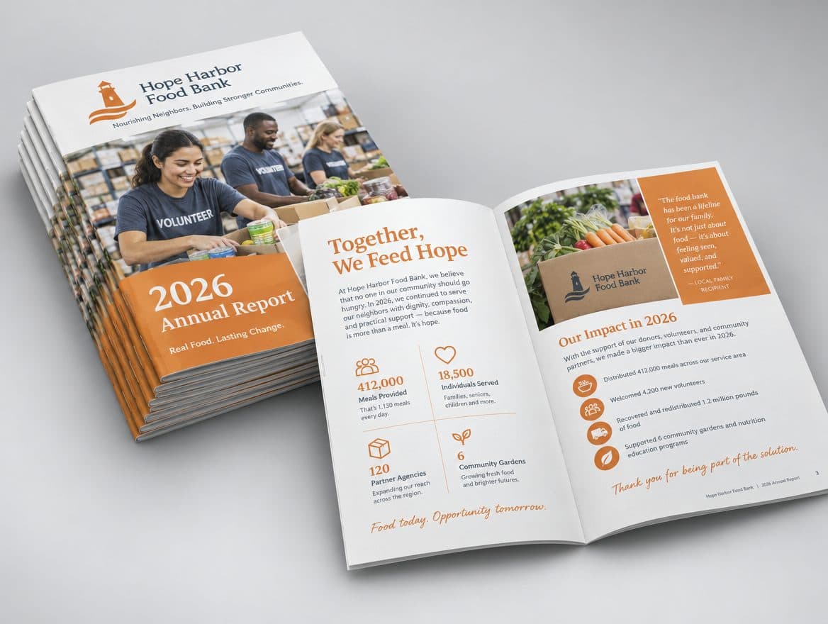 Saddle stitched annual report booklets for a food bank