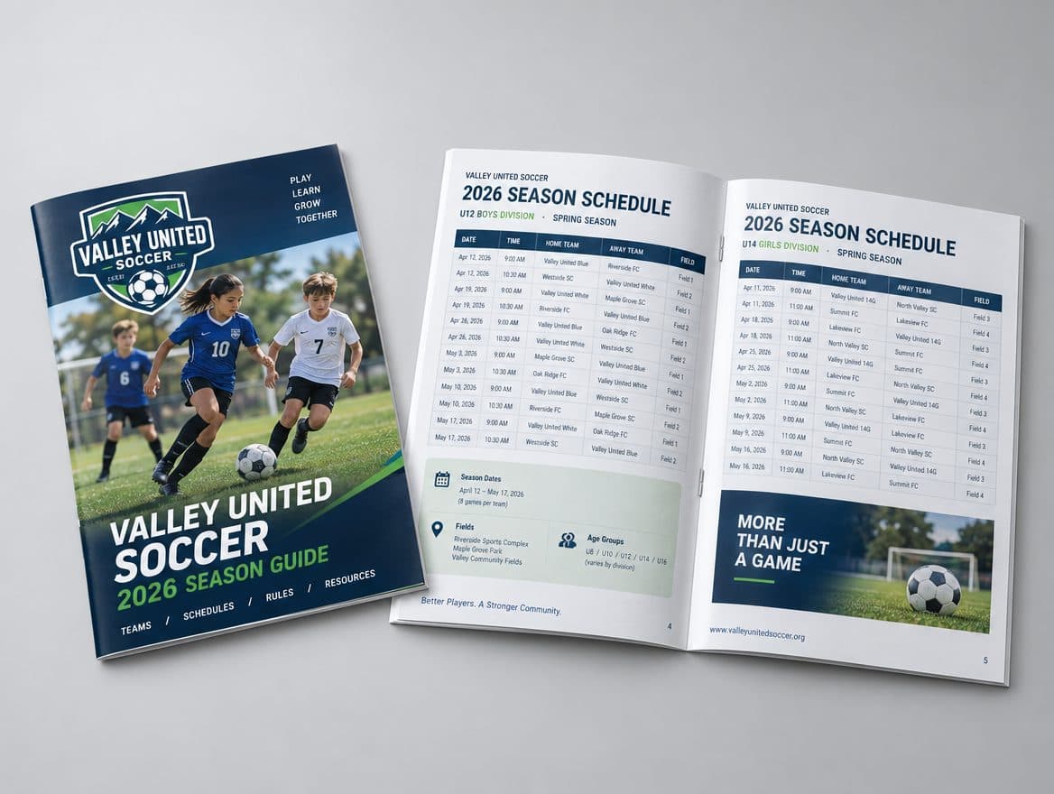 A saddle stitched season guide for a youth soccer league