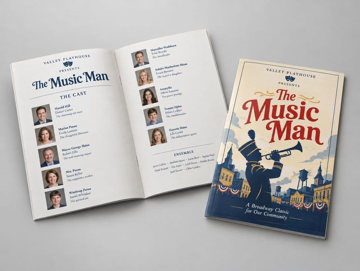 A saddle stitched program booklet for a community theater