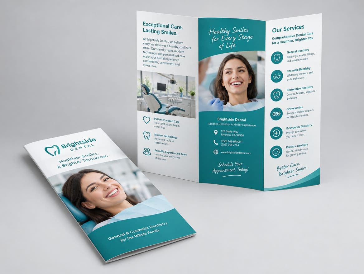 An open tri fold brochure for a dental office