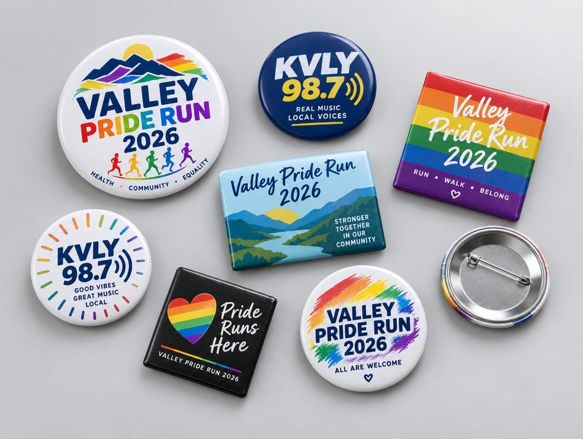 Pin back promotional buttons for a community fun run