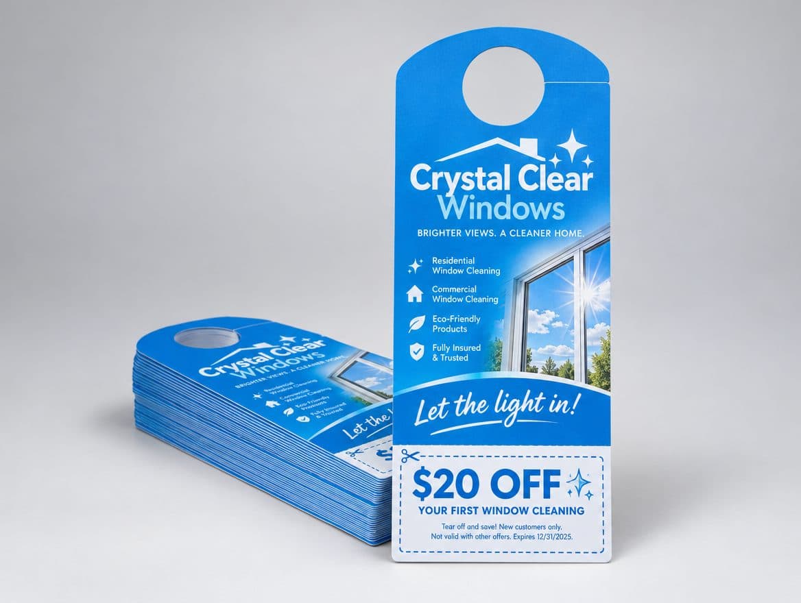 Door hangers with a tear off coupon for a window cleaning company