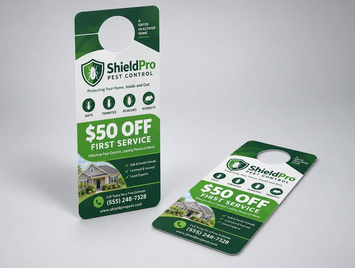 A door hanger for a pest control company on a front door handle