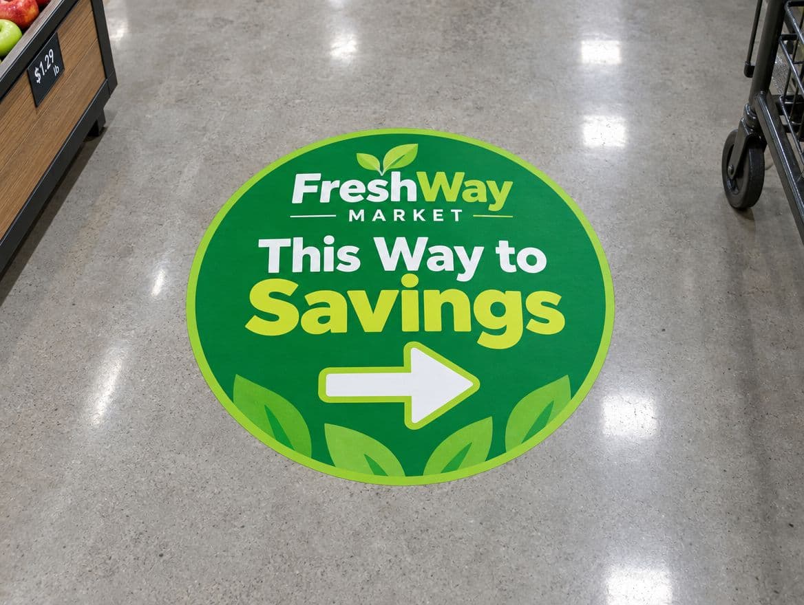A round floor graphic in a store aisle