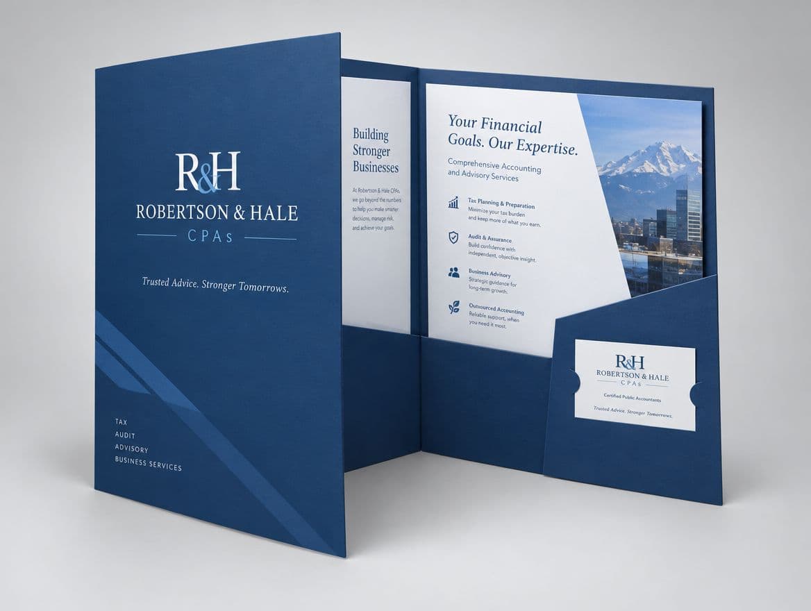 A presentation folder with a pocket and business card slits