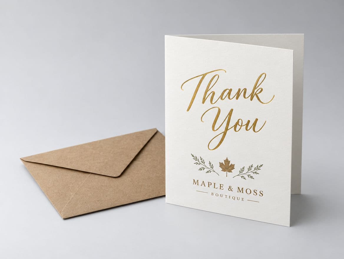 A folded thank you card standing next to its envelope