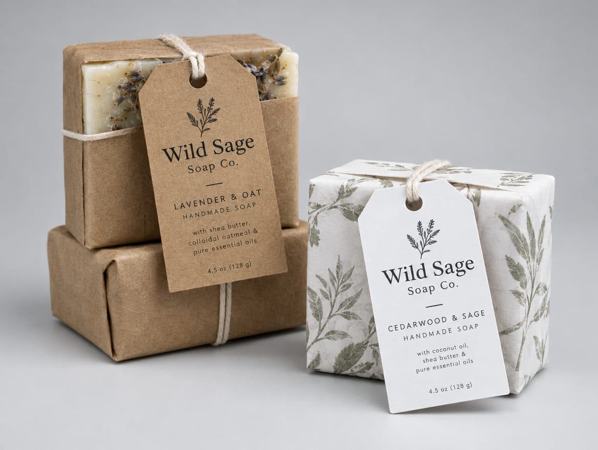 Kraft hang tags tied on handmade soap