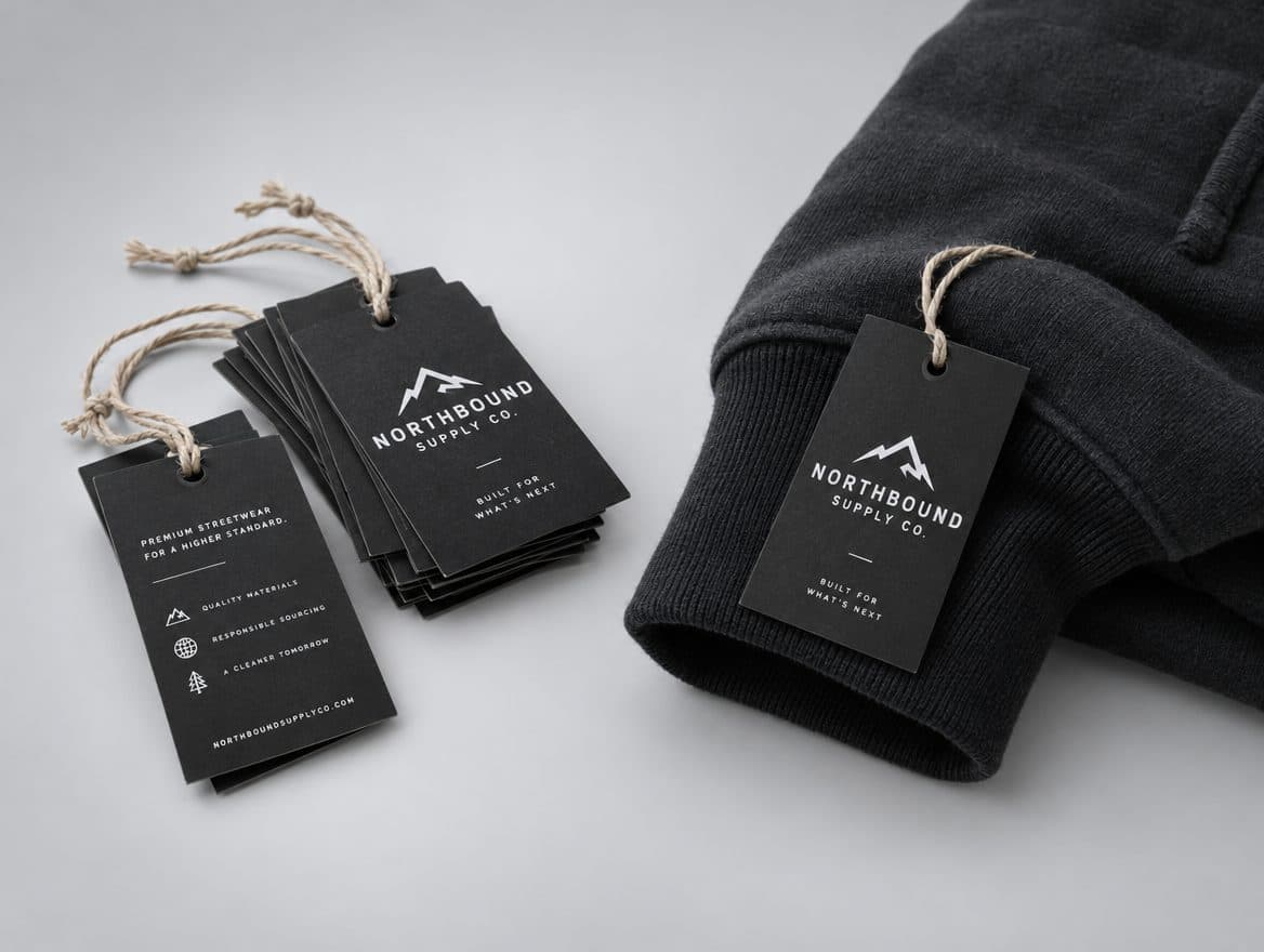 Black hang tags for a streetwear brand
