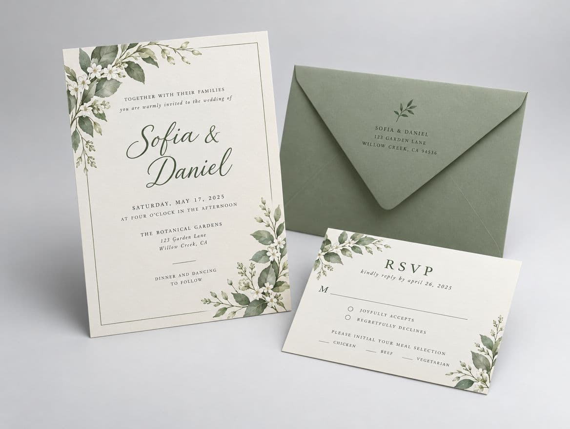A wedding invitation suite with envelope