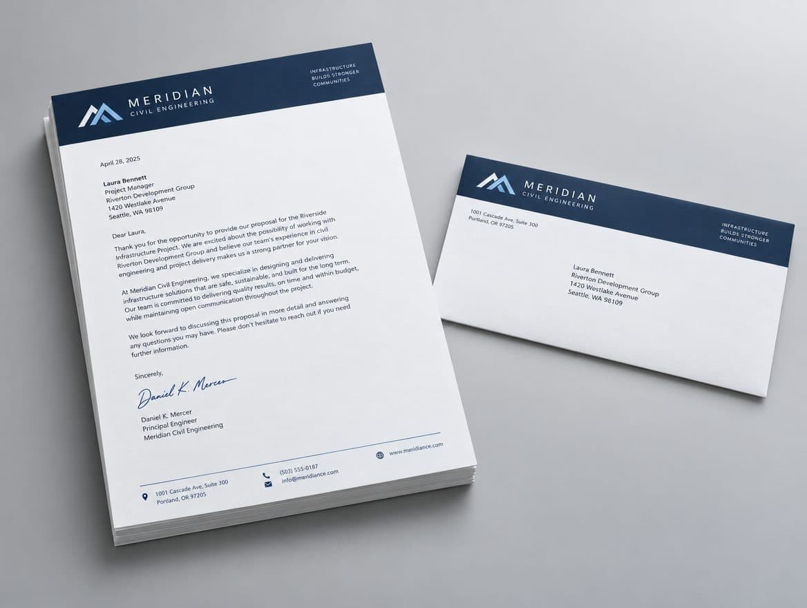 Letterhead for an engineering firm with a matching envelope