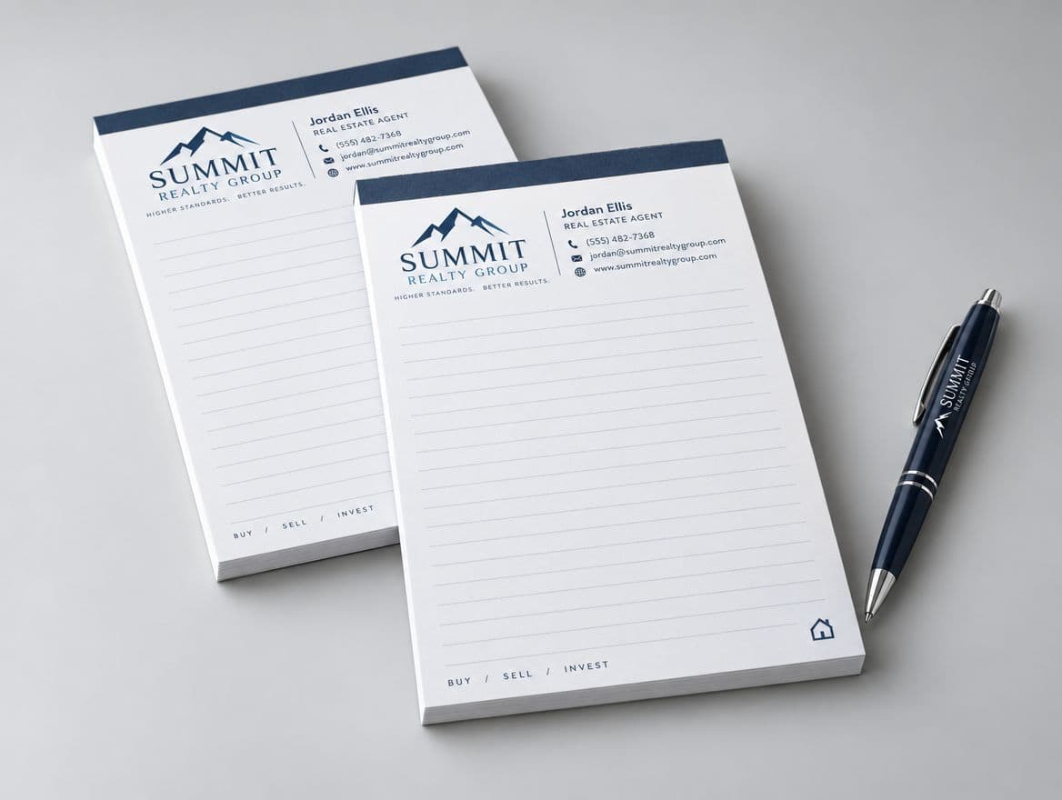 Branded notepads on a desk next to a pen