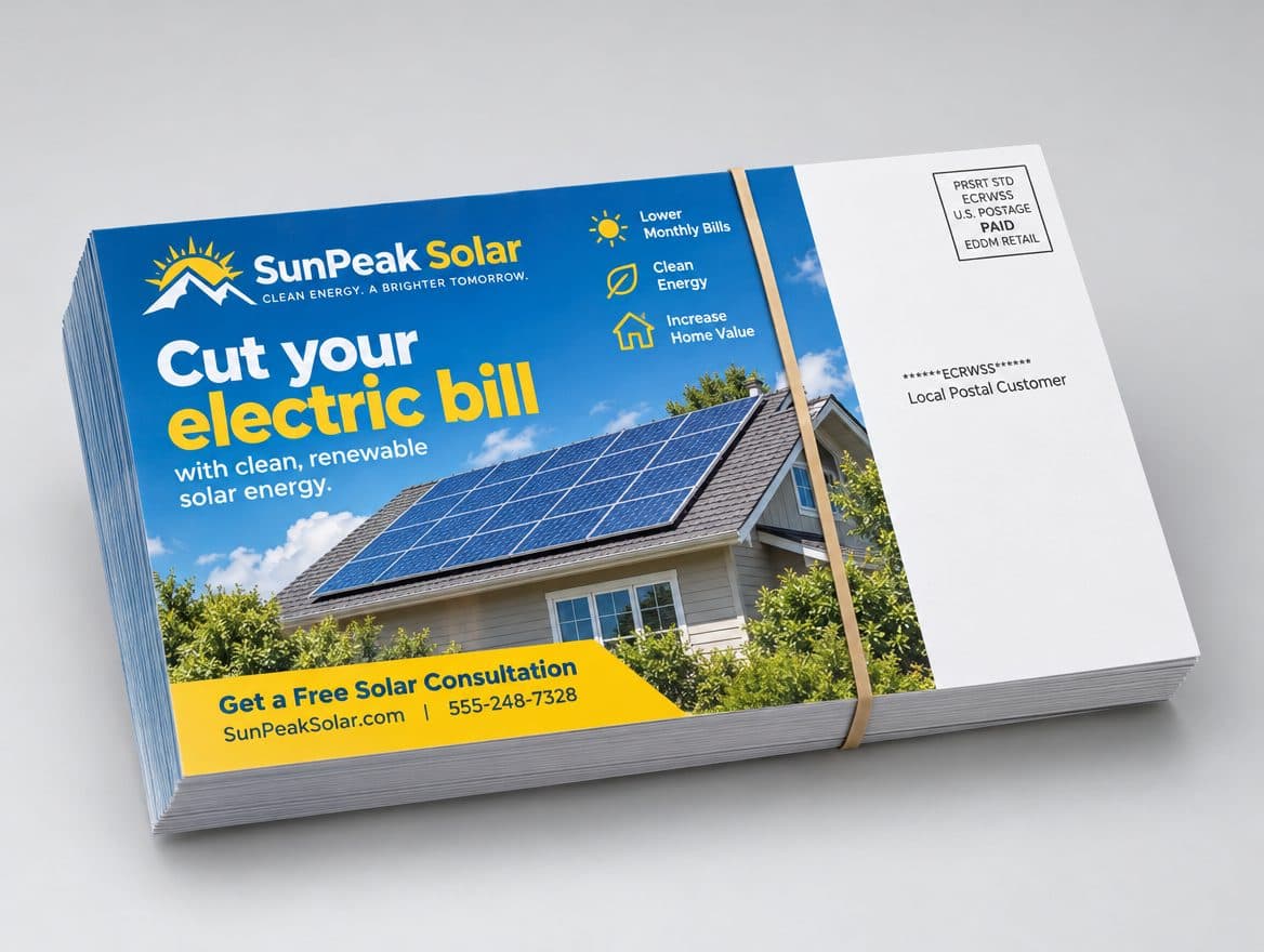 A bundle of EDDM postcards for a solar installer