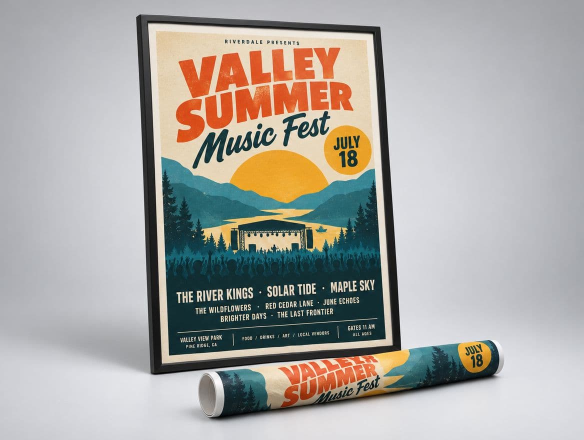 A concert poster in a frame on a cafe wall