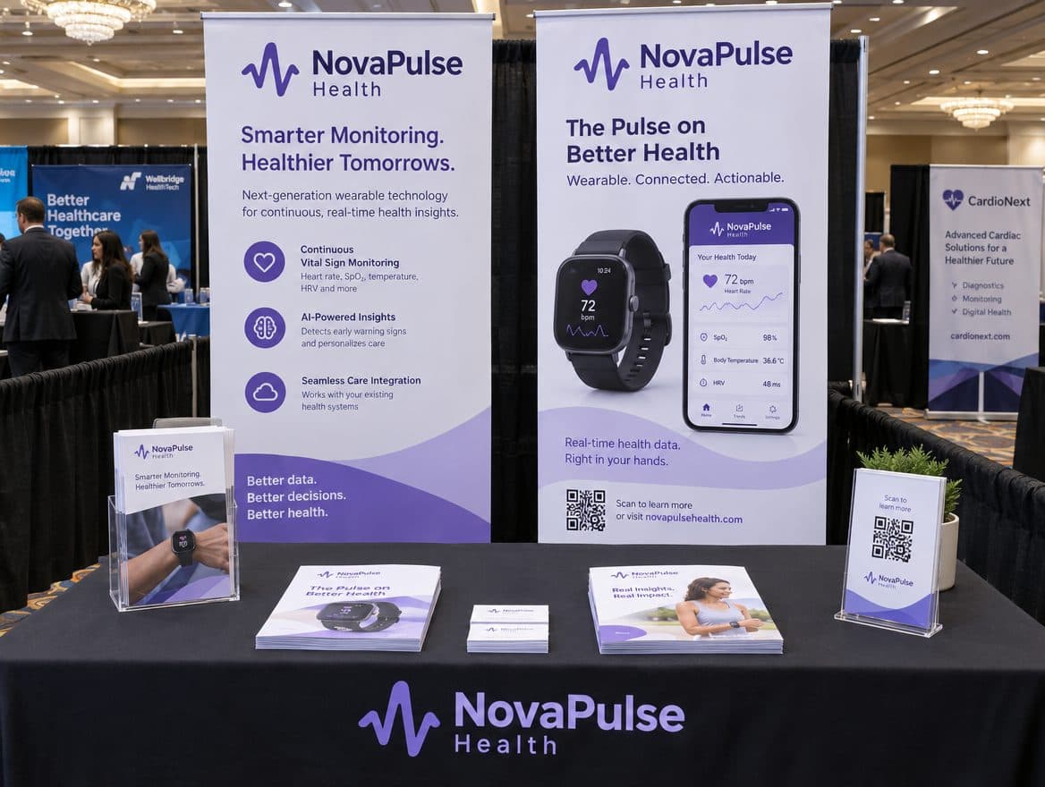 Two retractable banner stands at an expo booth for a health tech company