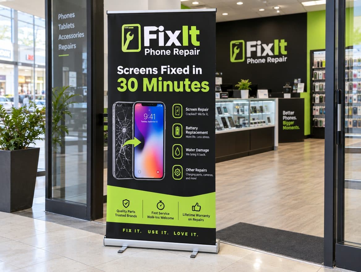 A retractable banner stand at the entrance of a phone repair shop