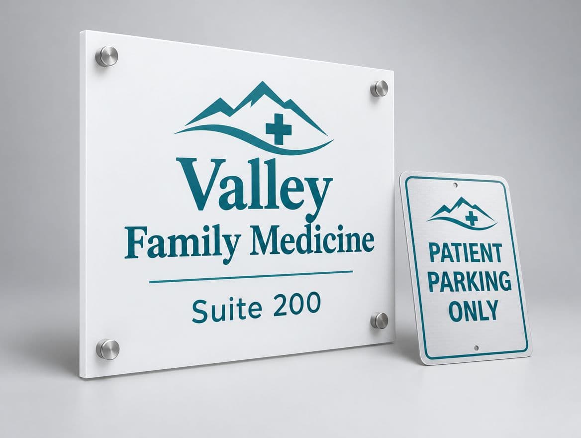A rigid sign for a dental office mounted on a wall