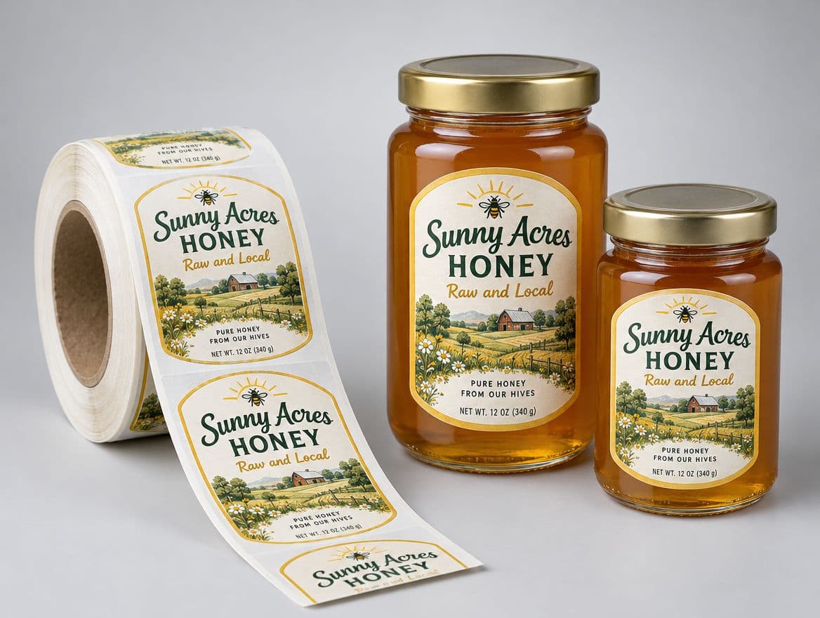Roll labels on jars of local honey
