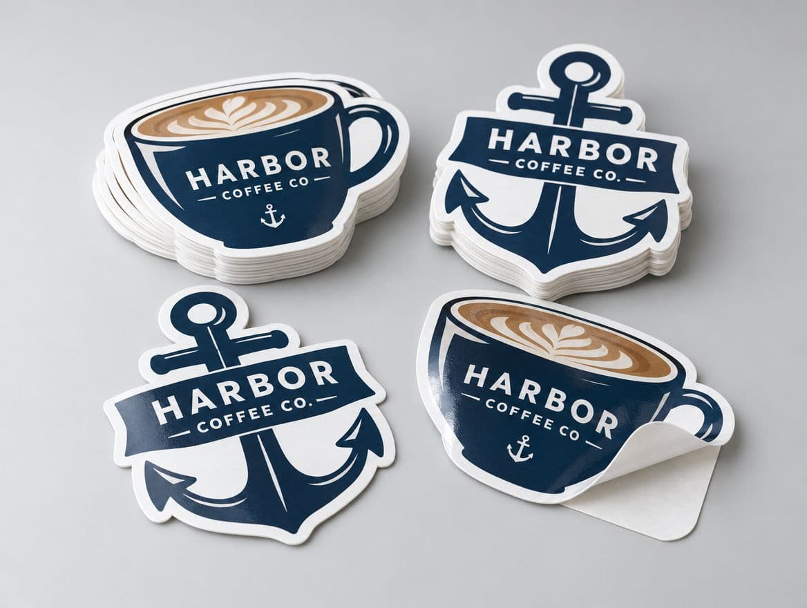 Die cut stickers for a coffee shop on a laptop and water bottle