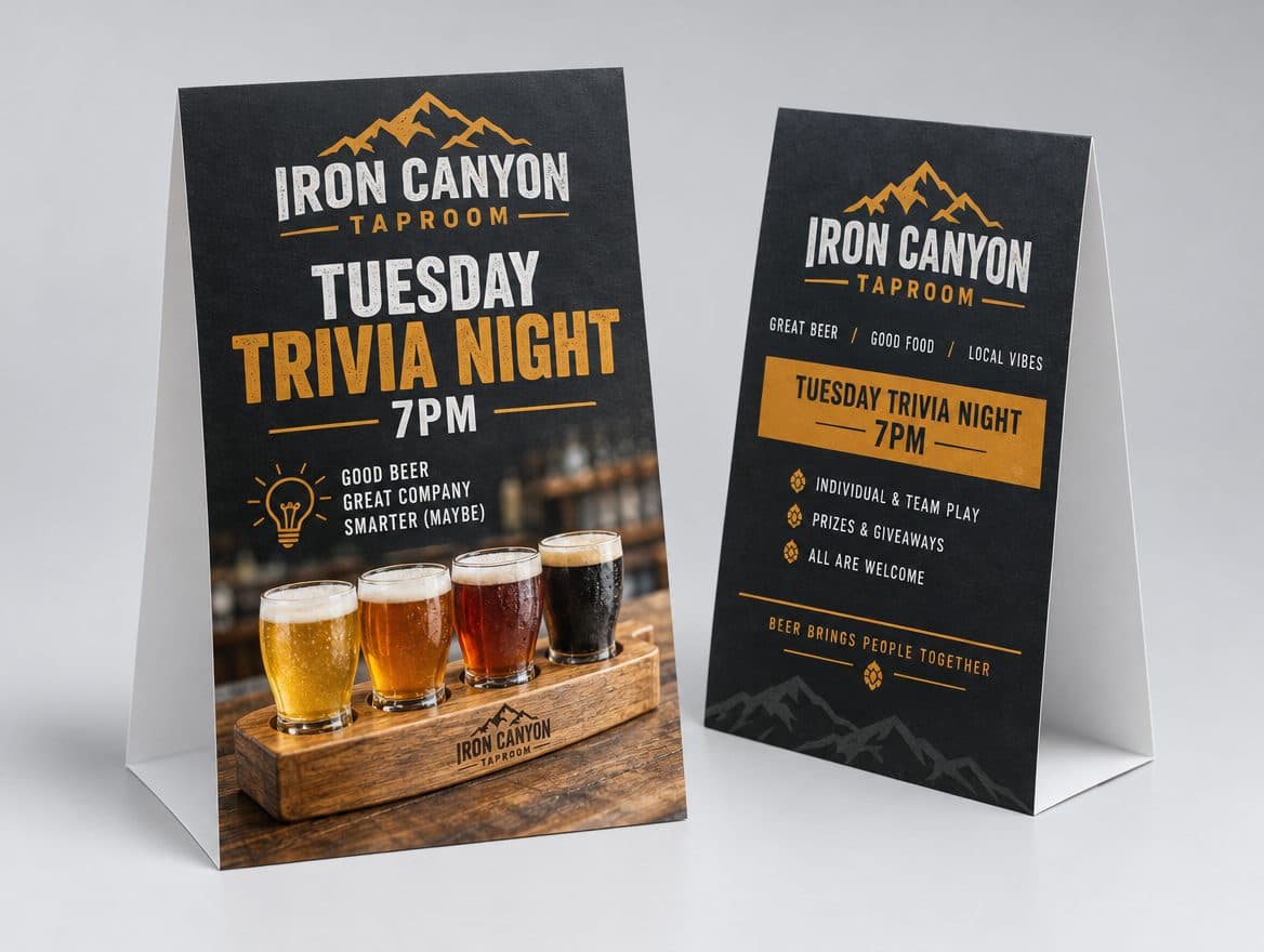 Table tents with a trivia night special for a brewery taproom