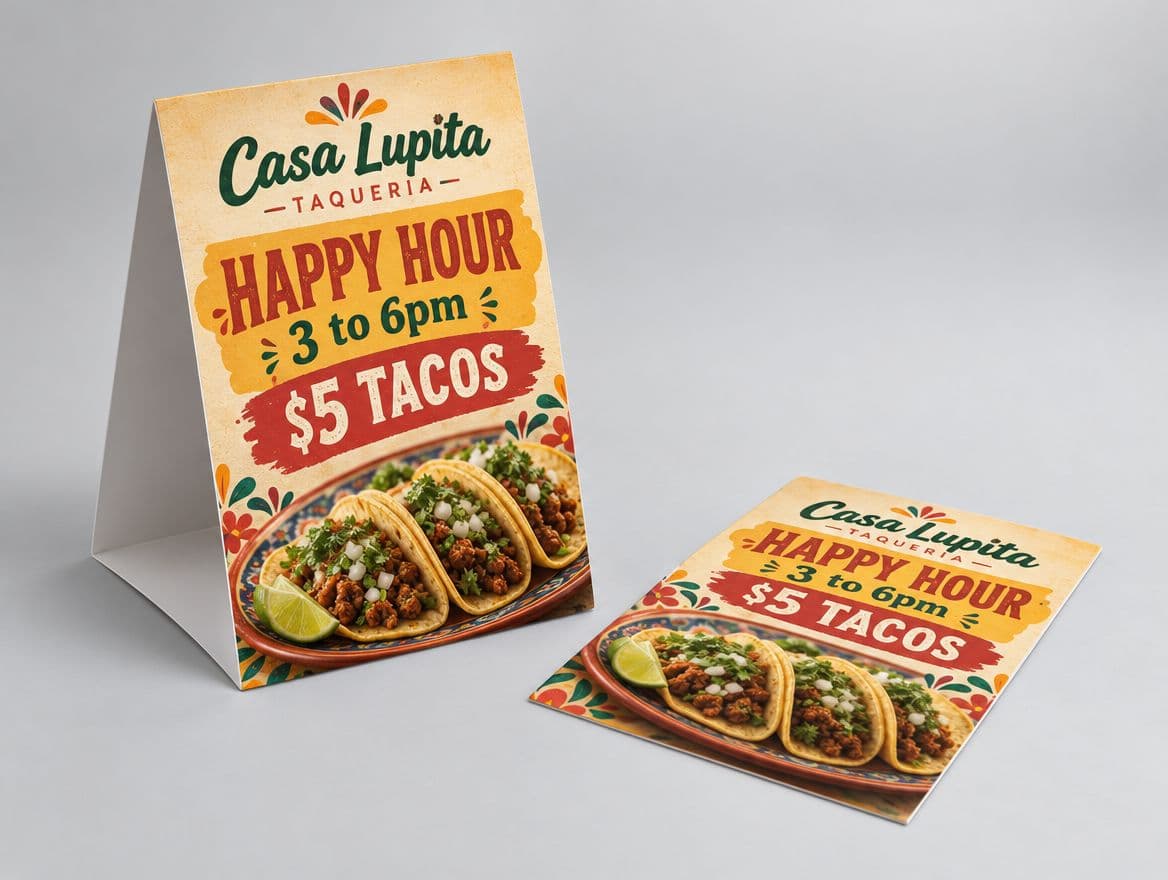 A table tent with a happy hour special on a restaurant table