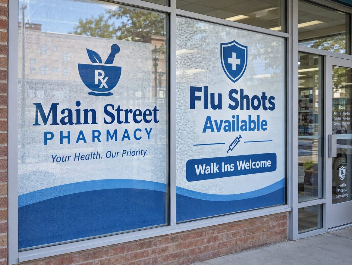 Storefront window graphics for a pharmacy