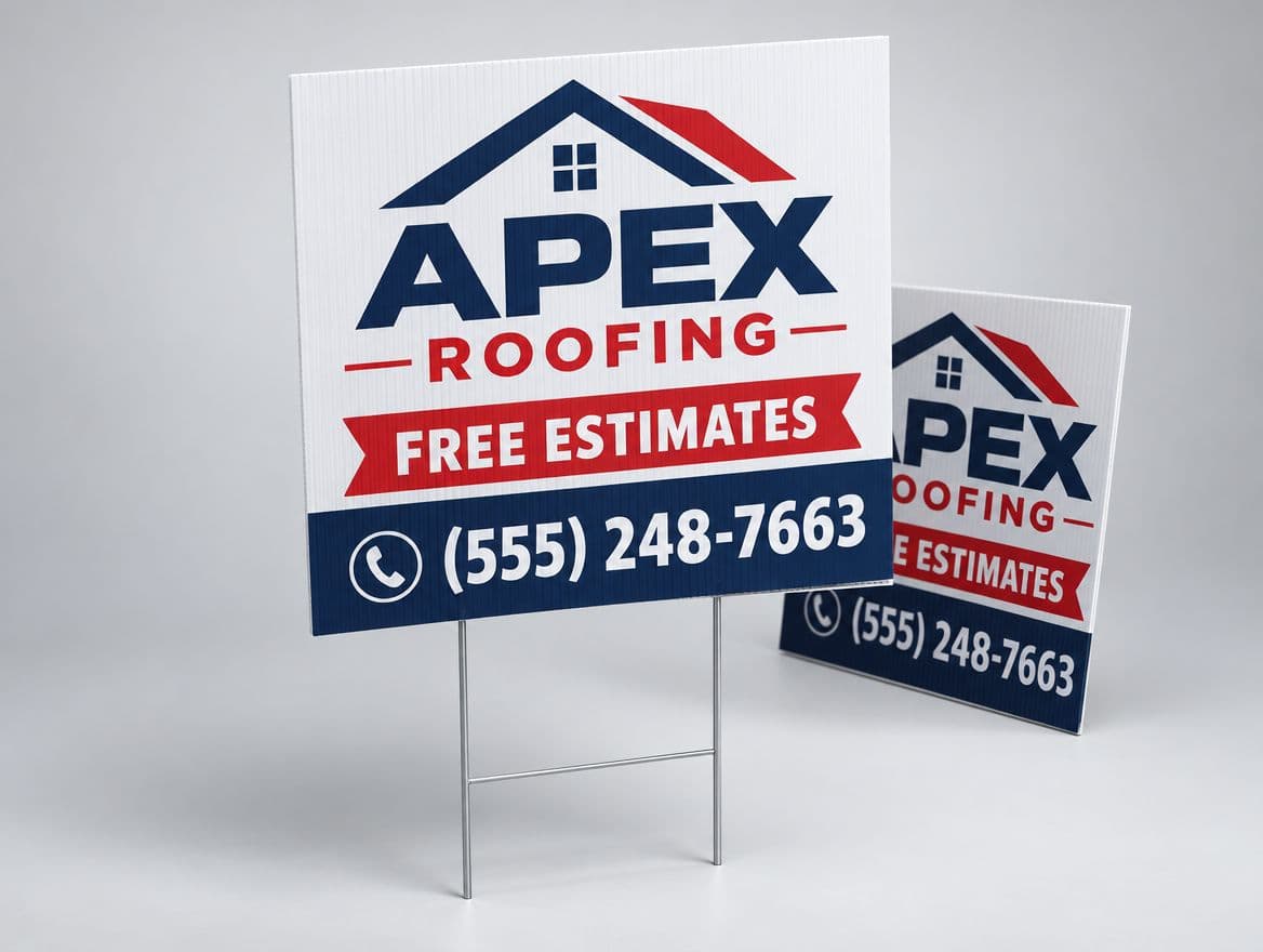 A yard sign for a roofing company on a lawn