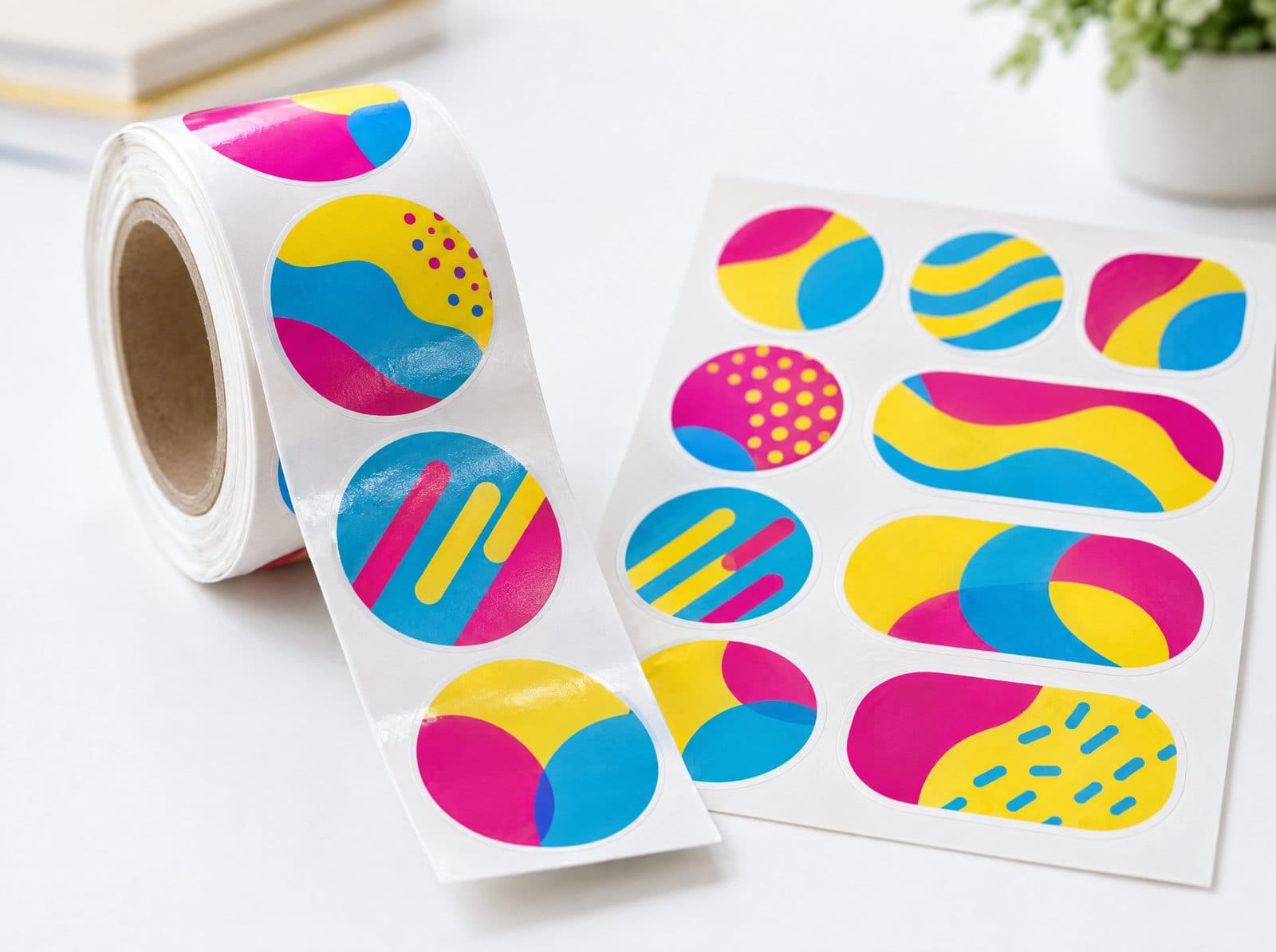 A roll of glossy die cut stickers and a sheet of kiss cut labels